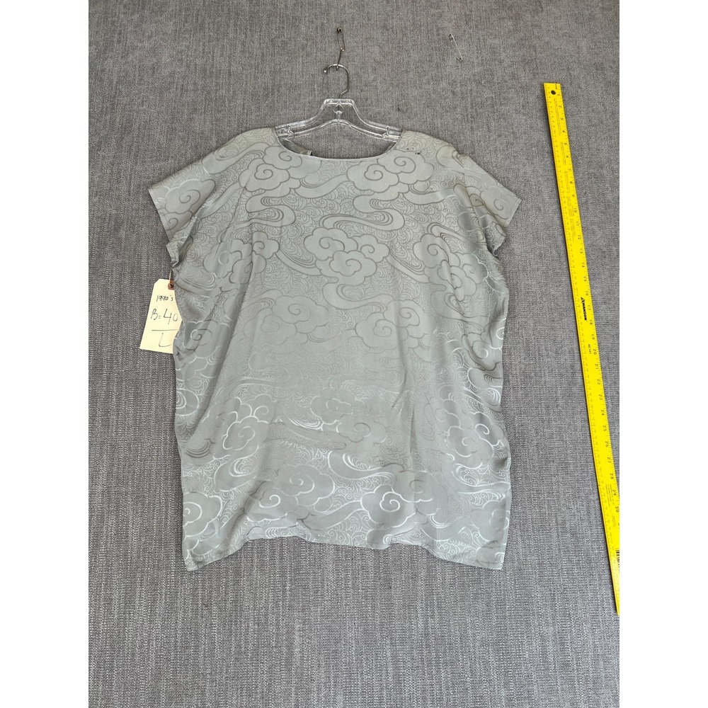 Vintage 90s Krishna Fashions Blouse Top Women L Gray Silk Chinese Cloud Brocade